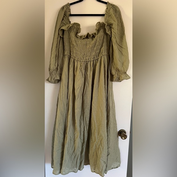 Cottage Core Olive Smocked Dress with Puff Sleeves - Picture 3 of 11